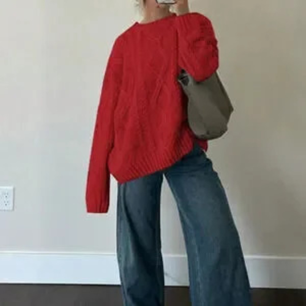ZARA Deep Red Casual Women's Cable Knit Crew Neck Loose Long Sleeve Sweater